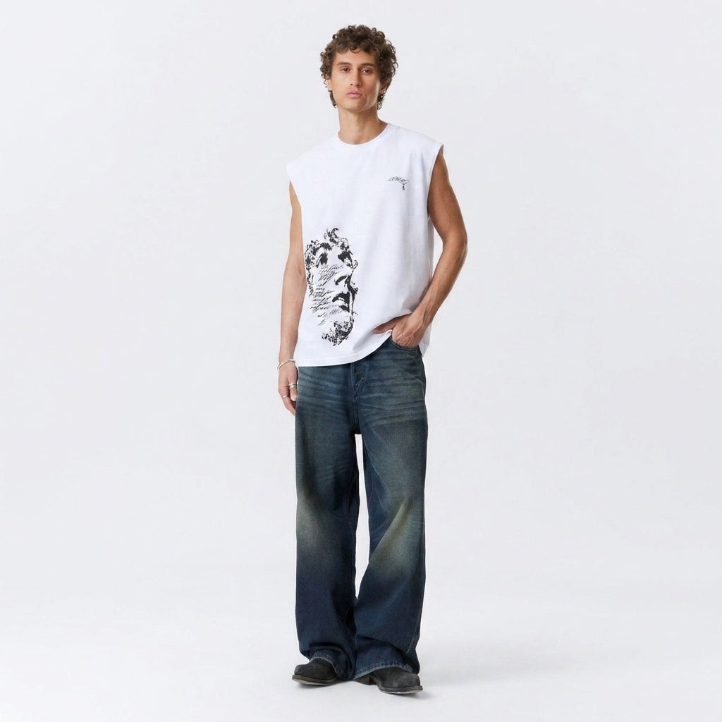 Artistic Face Print Oversized Tank- White