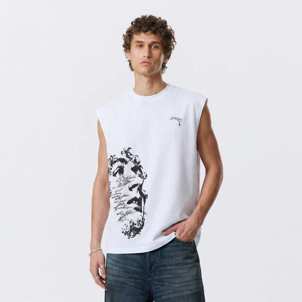 Artistic Face Print Oversized Tank- White