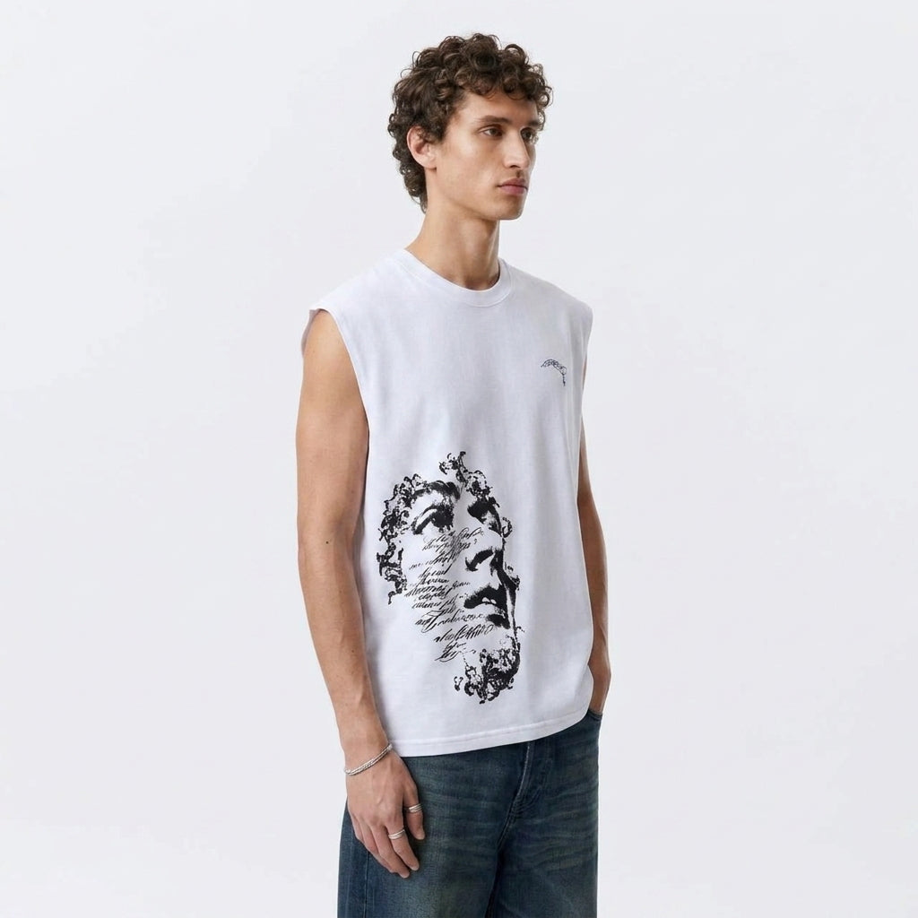 Artistic Face Print Oversized Tank- White